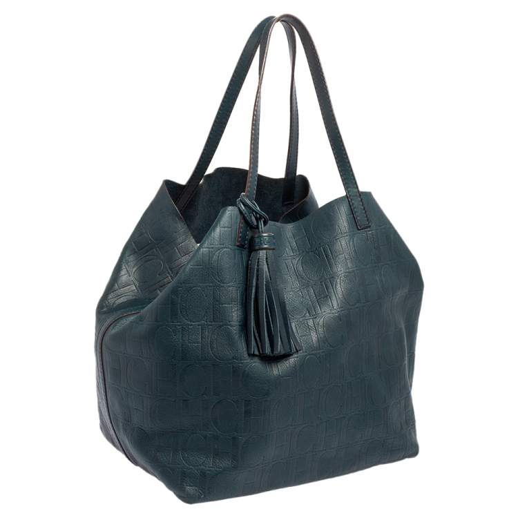 Pre Owned Carolina Herrera Teal Green Monogram Leather Matryoshka Tote