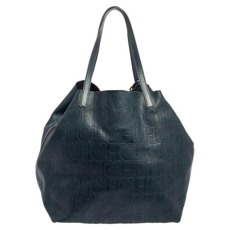 Pre Owned Carolina Herrera Teal Green Monogram Leather Matryoshka Tote