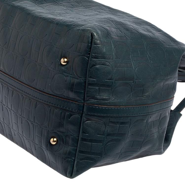 Pre Owned Carolina Herrera Teal Green Monogram Leather Matryoshka Tote