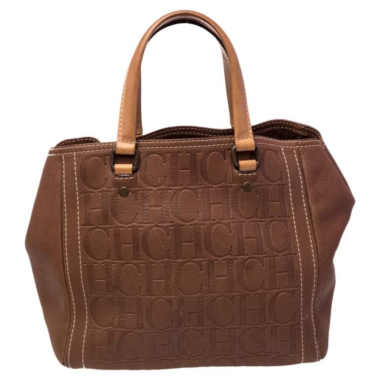 Pre Owned Carolina Herrera Brown Monogram Embossed Leather Andy Tote