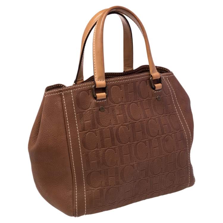 Pre Owned Carolina Herrera Brown Monogram Embossed Leather Andy Tote