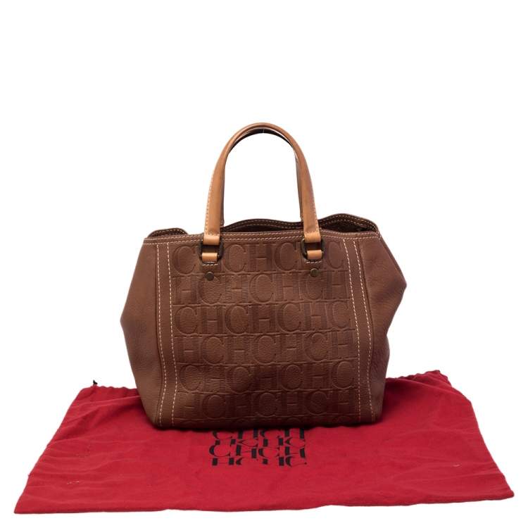 Pre Owned Carolina Herrera Brown Monogram Embossed Leather Andy Tote