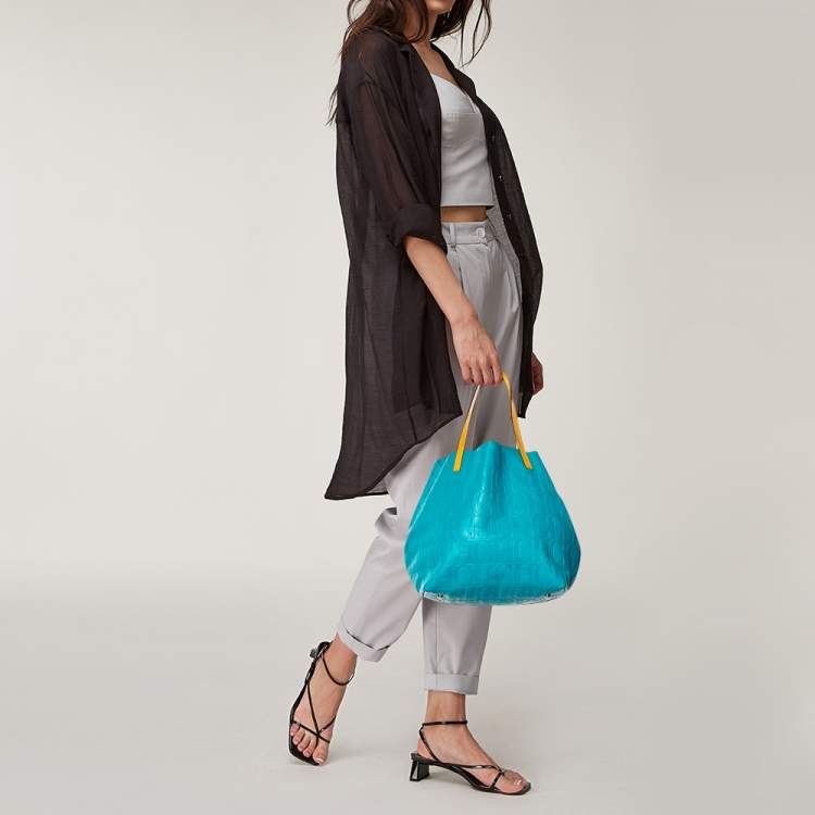 Pre Owned Carolina Herrera Blue Monogram Leather Matryoshka Tote