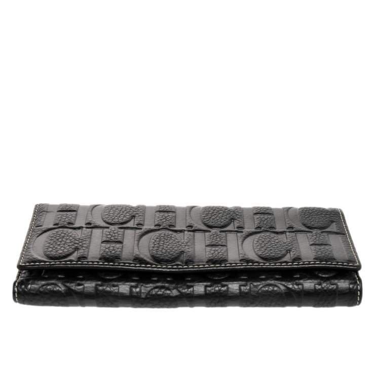 Pre Owned Carolina Herrera Black Monogram Embossed Leather Trifold Continental Wallet