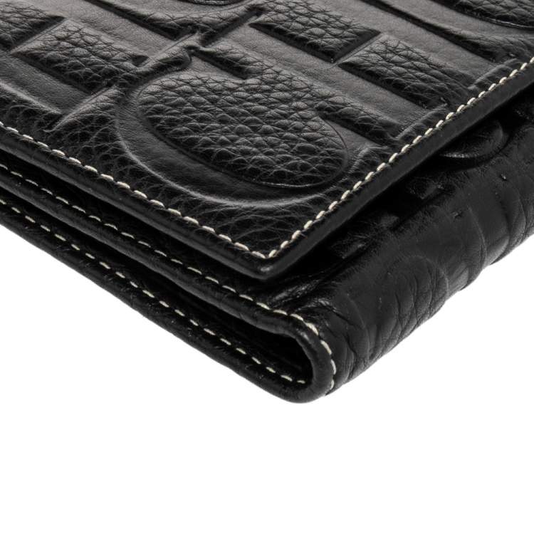 Pre Owned Carolina Herrera Black Monogram Embossed Leather Trifold Continental Wallet