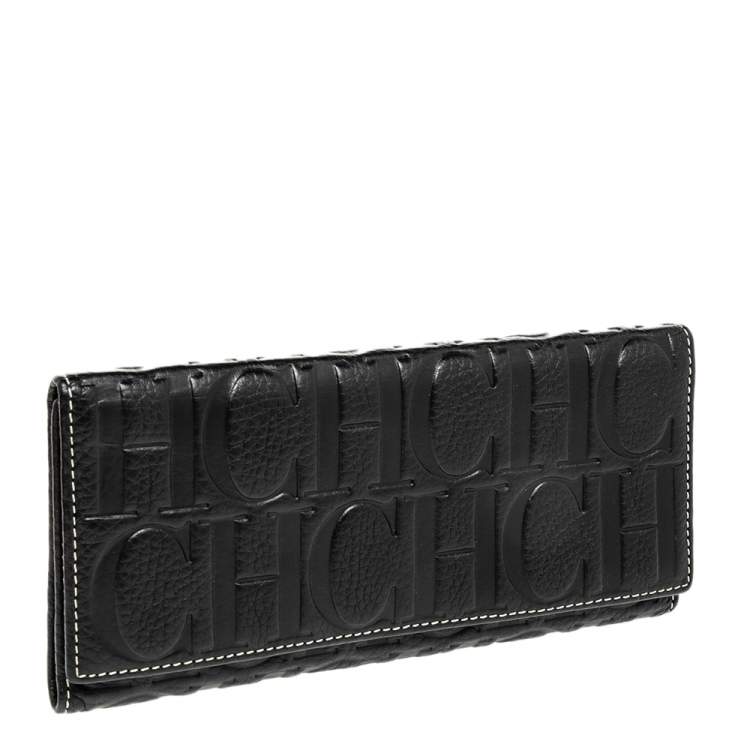 Pre Owned Carolina Herrera Black Monogram Embossed Leather Trifold Continental Wallet