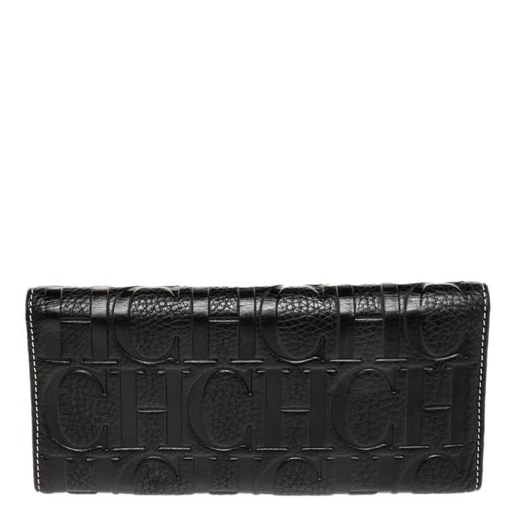 Pre Owned Carolina Herrera Black Monogram Embossed Leather Trifold Continental Wallet