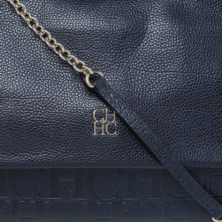 Pre Owned Carolina Herrera Navy Blue Embossed Leather Minuetto Flap Top Handle Bag