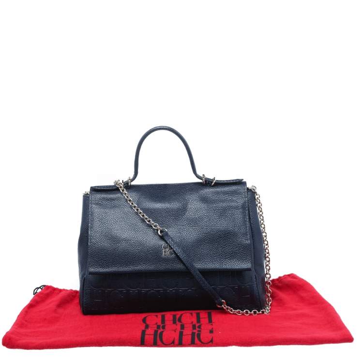 Pre Owned Carolina Herrera Navy Blue Embossed Leather Minuetto Flap Top Handle Bag