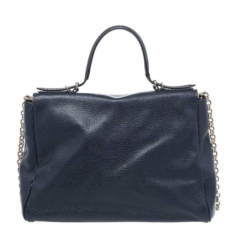 Pre Owned Carolina Herrera Navy Blue Embossed Leather Minuetto Flap Top Handle Bag