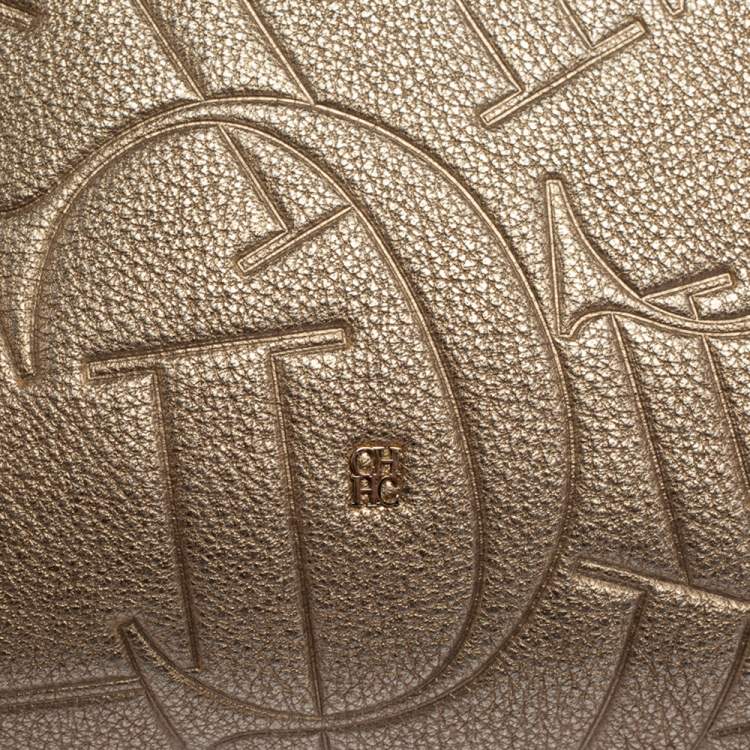 Pre Owned Carolina Herrera Metallic Embossed Monogram Leather Crossbody Bag