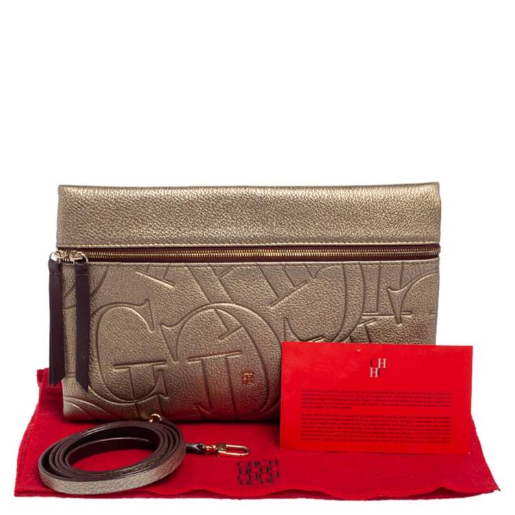 Pre Owned Carolina Herrera Metallic Embossed Monogram Leather Crossbody Bag