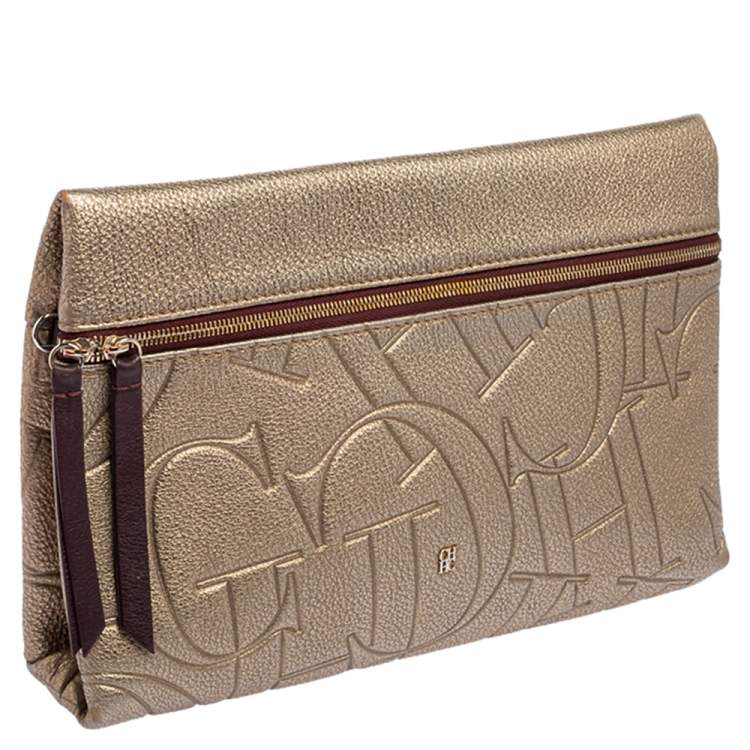 Pre Owned Carolina Herrera Metallic Embossed Monogram Leather Crossbody Bag