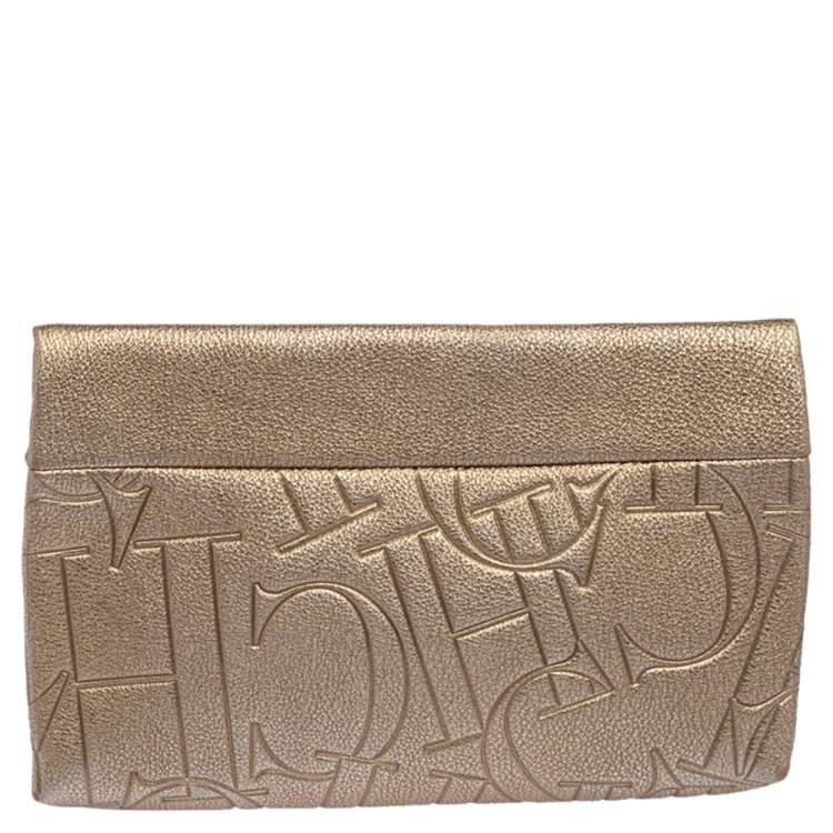 Pre Owned Carolina Herrera Metallic Embossed Monogram Leather Crossbody Bag