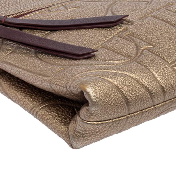 Pre Owned Carolina Herrera Metallic Embossed Monogram Leather Crossbody Bag