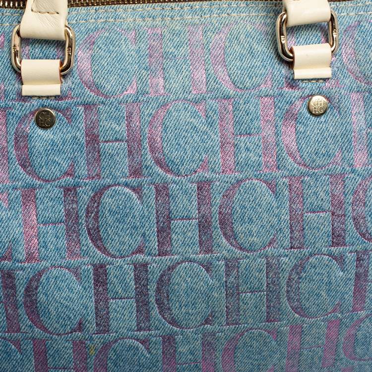 Pre Owned Carolina Herrera Blue Monogram Denim And Leather Andy Boston Bag