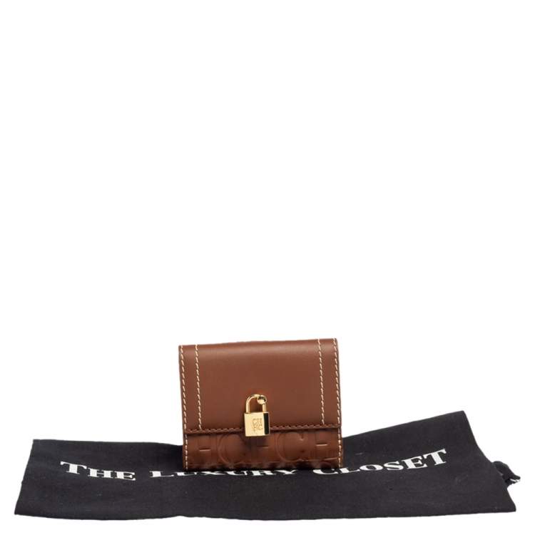 Pre Owned Carolina Herrera Tan Monogram Leather Matryoshka Lock Compact Wallet