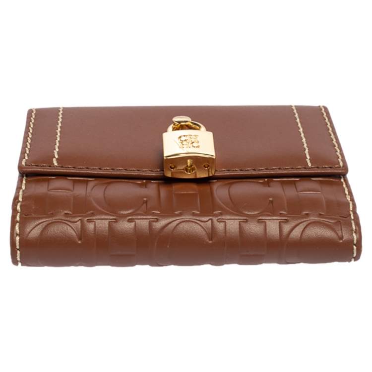 Pre Owned Carolina Herrera Tan Monogram Leather Matryoshka Lock Compact Wallet