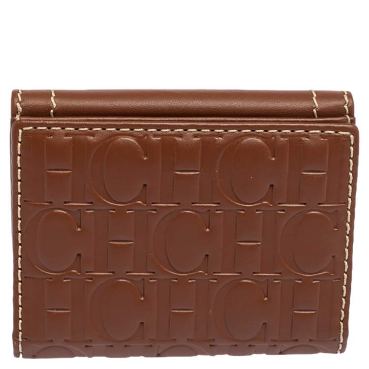 Pre Owned Carolina Herrera Tan Monogram Leather Matryoshka Lock Compact Wallet