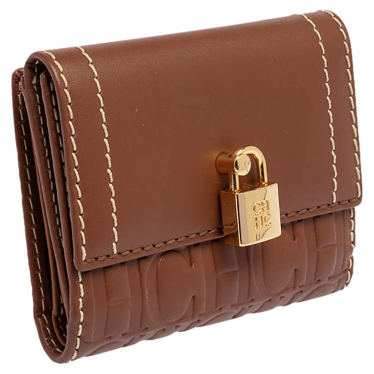 Pre Owned Carolina Herrera Tan Monogram Leather Matryoshka Lock Compact Wallet