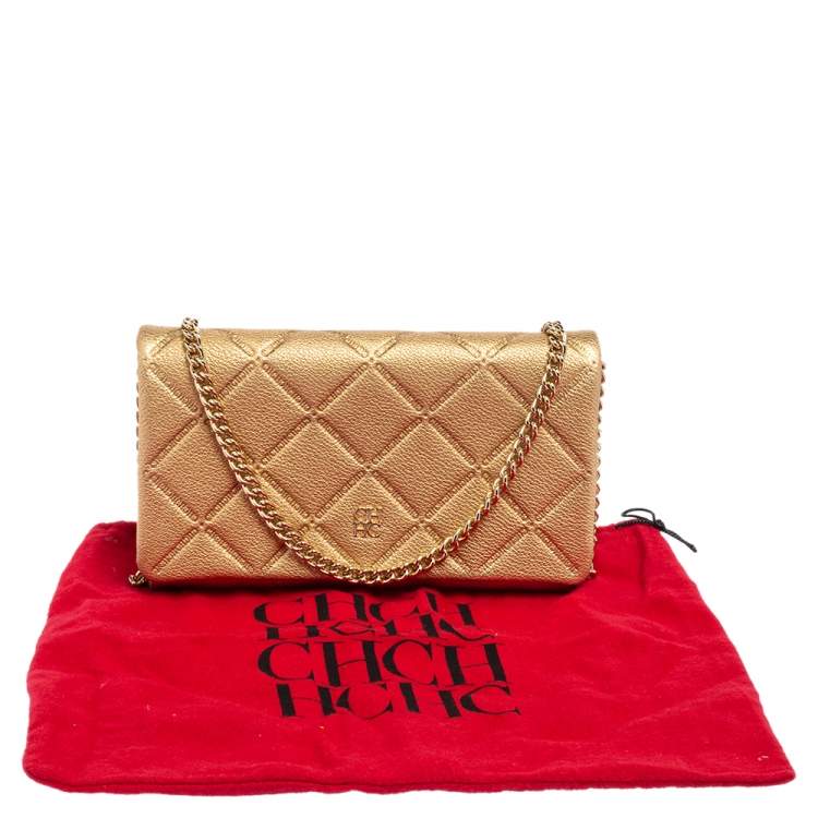 Pre Owned Carolina Herrera Gold Quilted Embossed Leather Flap Chain Clutch