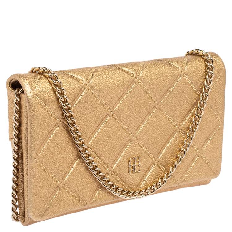 Pre Owned Carolina Herrera Gold Quilted Embossed Leather Flap Chain Clutch