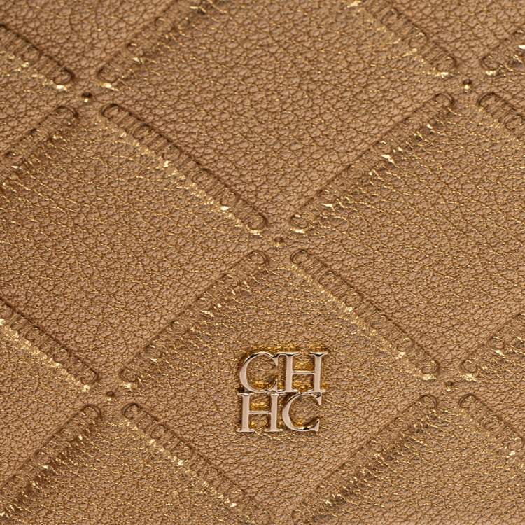 Pre Owned Carolina Herrera Gold Quilted Embossed Leather Flap Chain Clutch