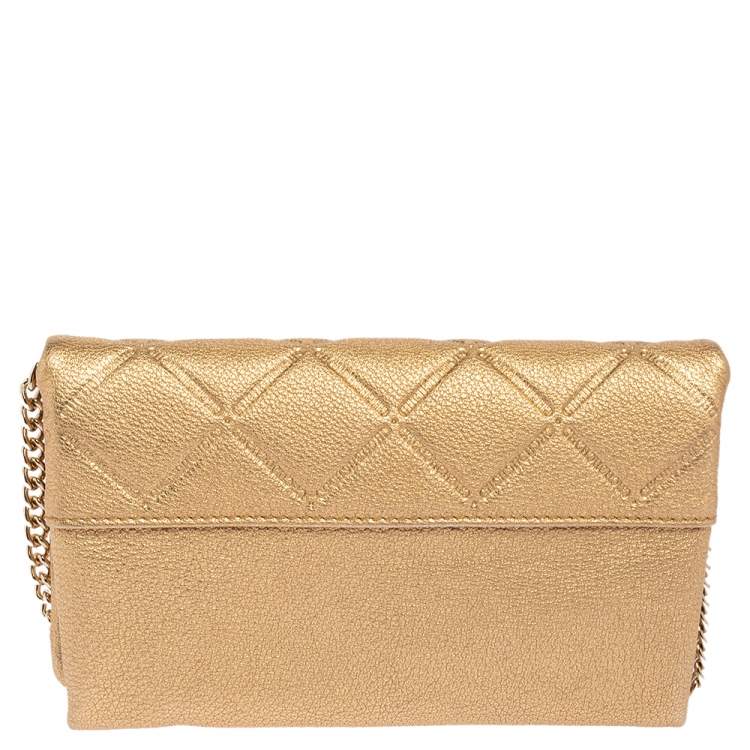 Pre Owned Carolina Herrera Gold Quilted Embossed Leather Flap Chain Clutch
