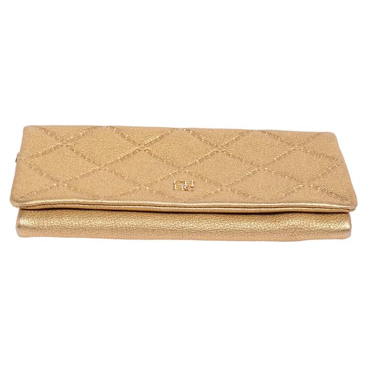 Pre Owned Carolina Herrera Gold Quilted Embossed Leather Flap Chain Clutch