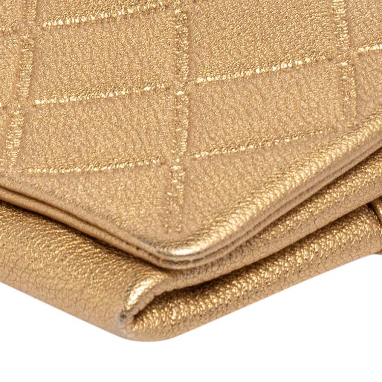 Pre Owned Carolina Herrera Gold Quilted Embossed Leather Flap Chain Clutch