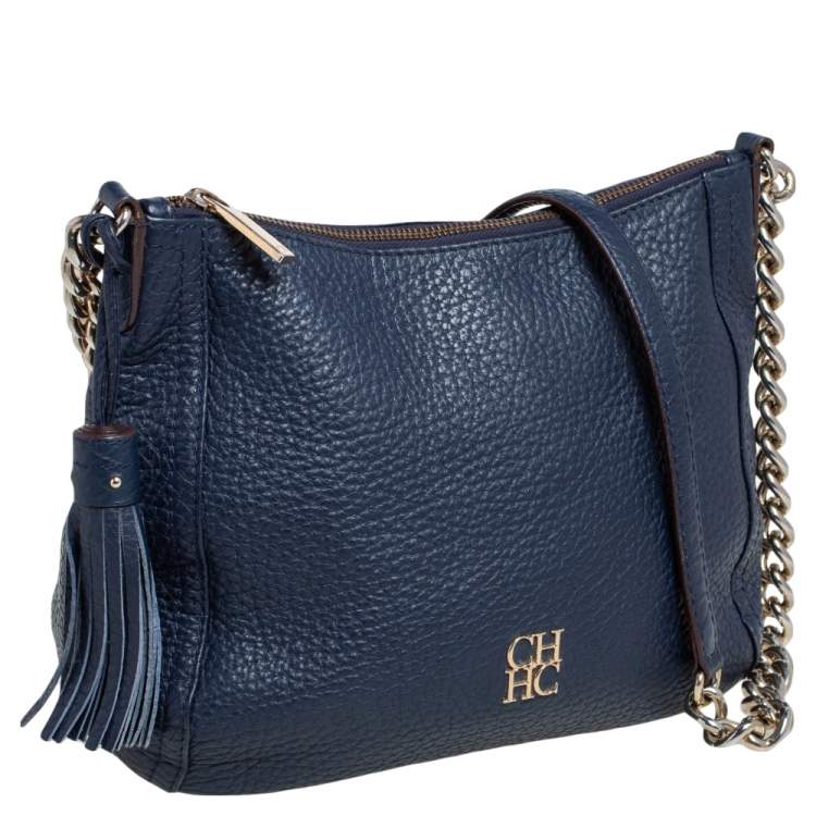Pre Owned Carolina Herrera Navy Blue Pebbled Leather Maria Shoulder Bag