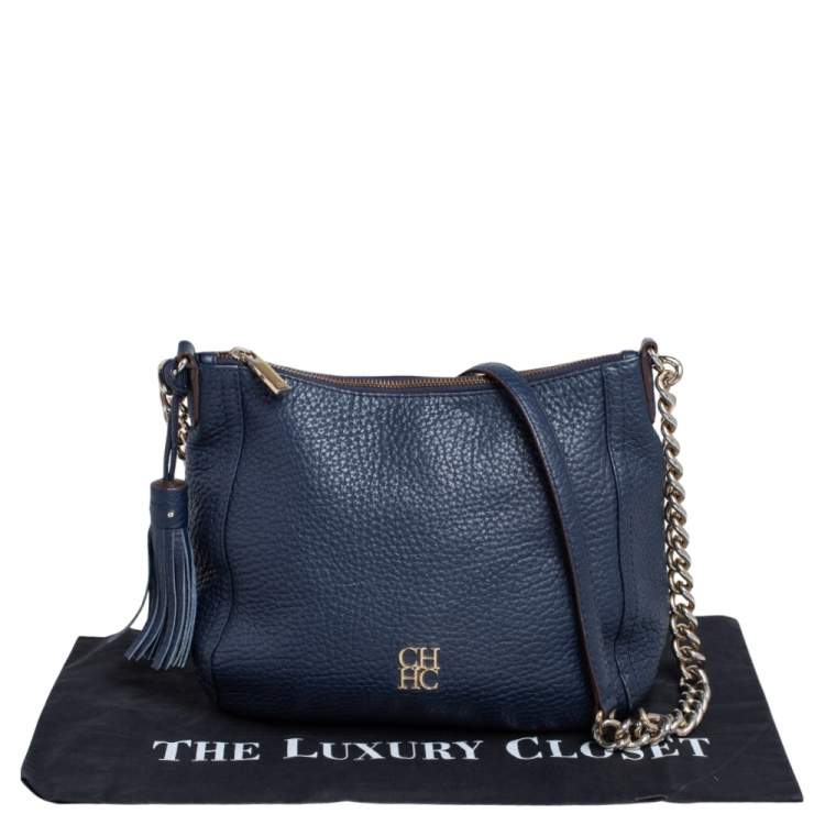 Pre Owned Carolina Herrera Navy Blue Pebbled Leather Maria Shoulder Bag