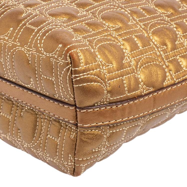 Pre Owned Carolina Herrera Gold Monogram Embossed Leather Tote