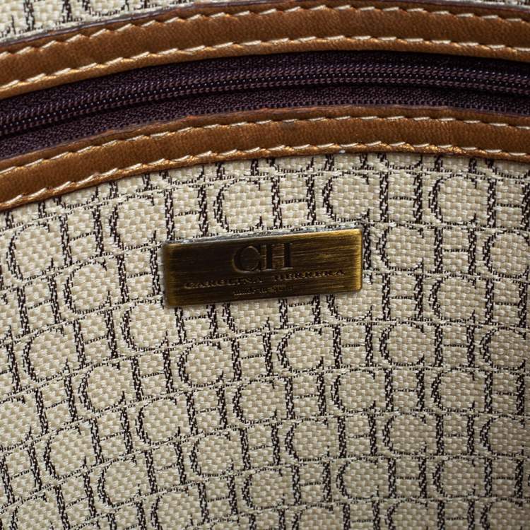 Pre Owned Carolina Herrera Gold Monogram Embossed Leather Tote