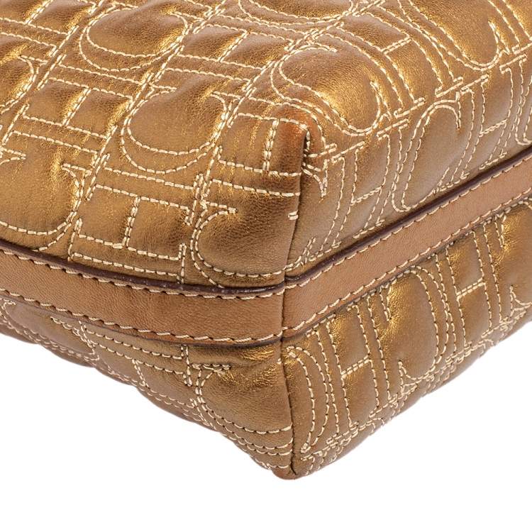 Pre Owned Carolina Herrera Gold Monogram Embossed Leather Tote