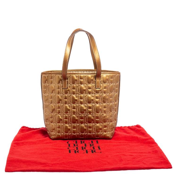 Pre Owned Carolina Herrera Gold Monogram Embossed Leather Tote