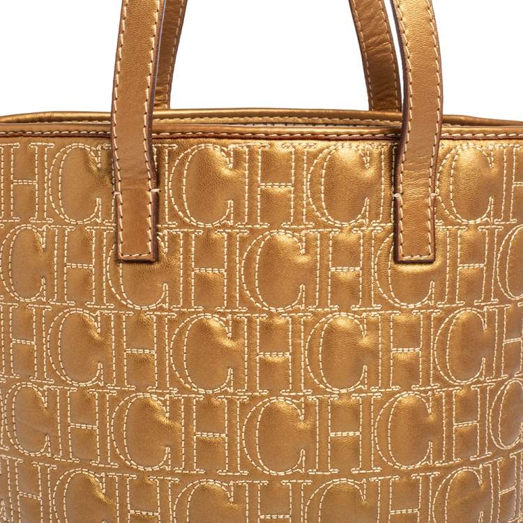 Pre Owned Carolina Herrera Gold Monogram Embossed Leather Tote