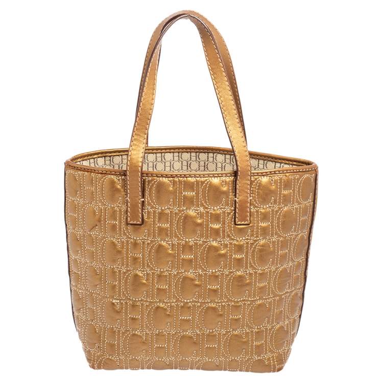 Pre Owned Carolina Herrera Gold Monogram Embossed Leather Tote