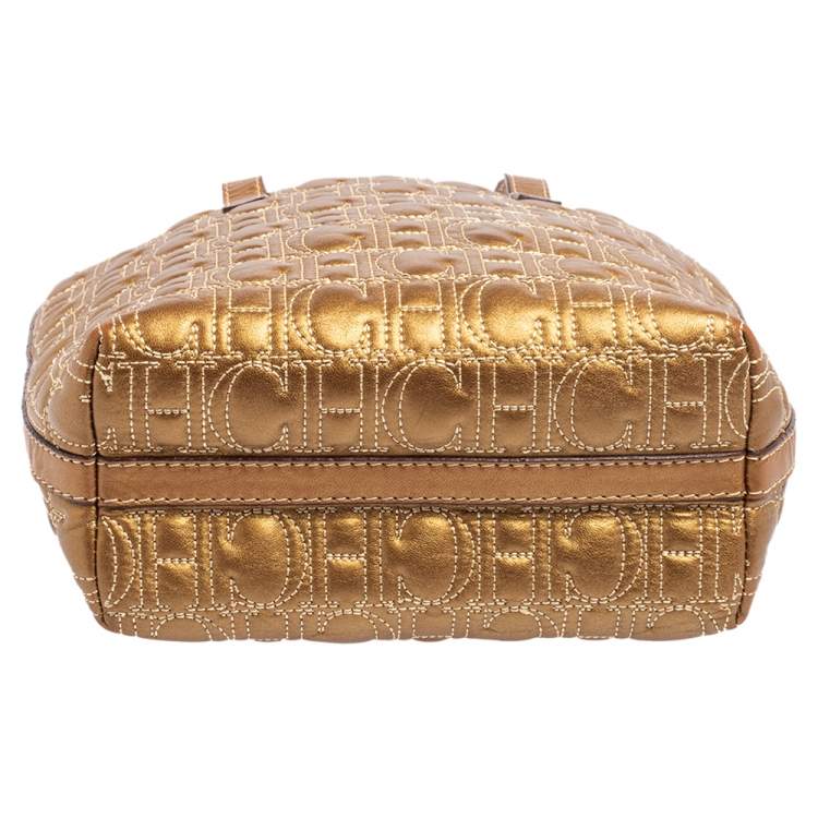 Pre Owned Carolina Herrera Gold Monogram Embossed Leather Tote