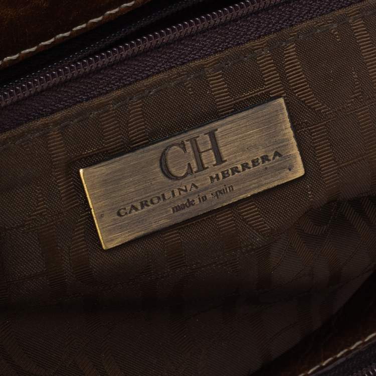 Pre Owned Carolina Herrera Brown Monogram Leather Tote