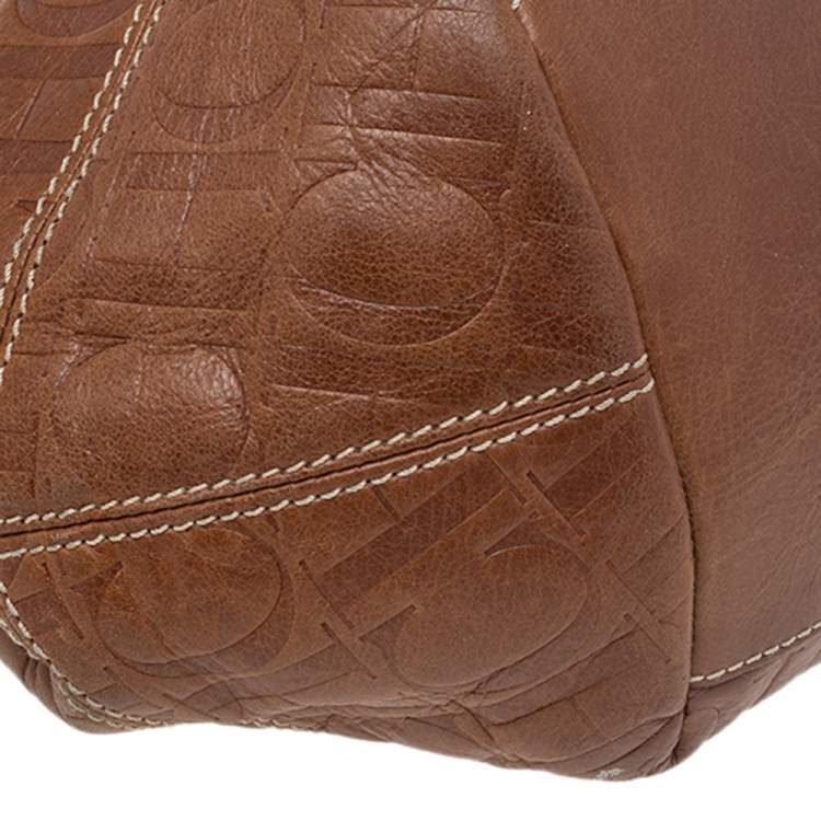 Pre Owned Carolina Herrera Brown Monogram Leather Tote