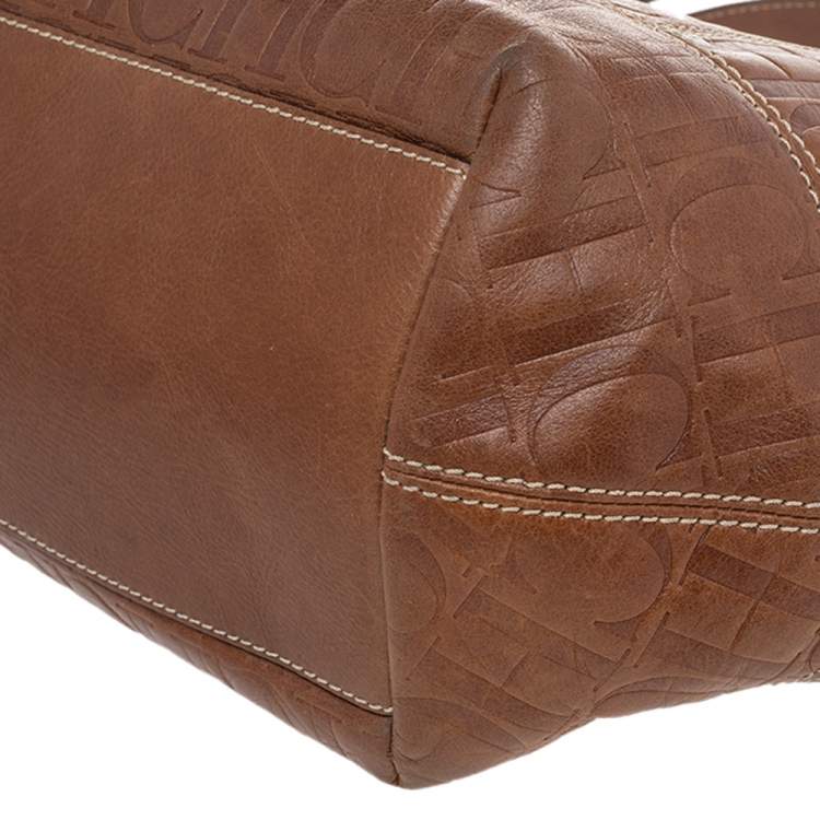 Pre Owned Carolina Herrera Brown Monogram Leather Tote