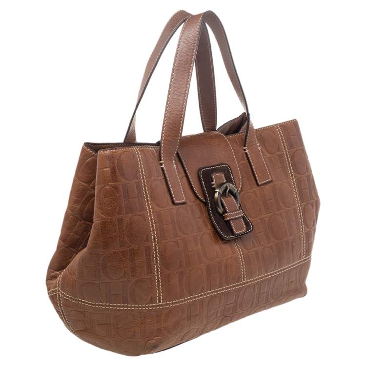 Pre Owned Carolina Herrera Brown Monogram Leather Tote