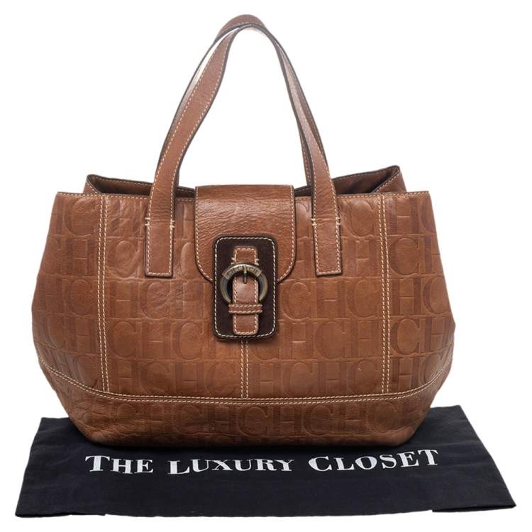 Pre Owned Carolina Herrera Brown Monogram Leather Tote