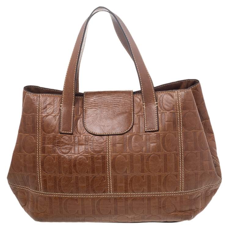 Pre Owned Carolina Herrera Brown Monogram Leather Tote
