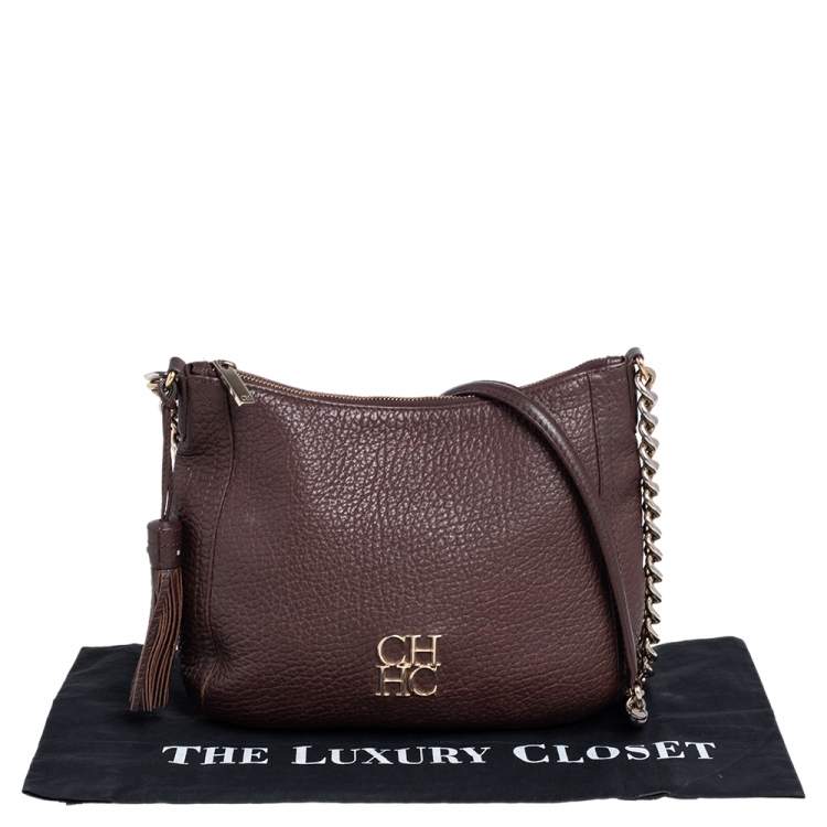 Pre Owned Carolina Herrera Dark Brown Leather Tassel Chain Shoulder Bag