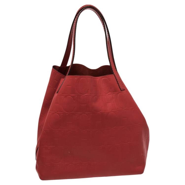 Pre Owned Carolina Herrera Red Monogram Leather Matryoshka Tote