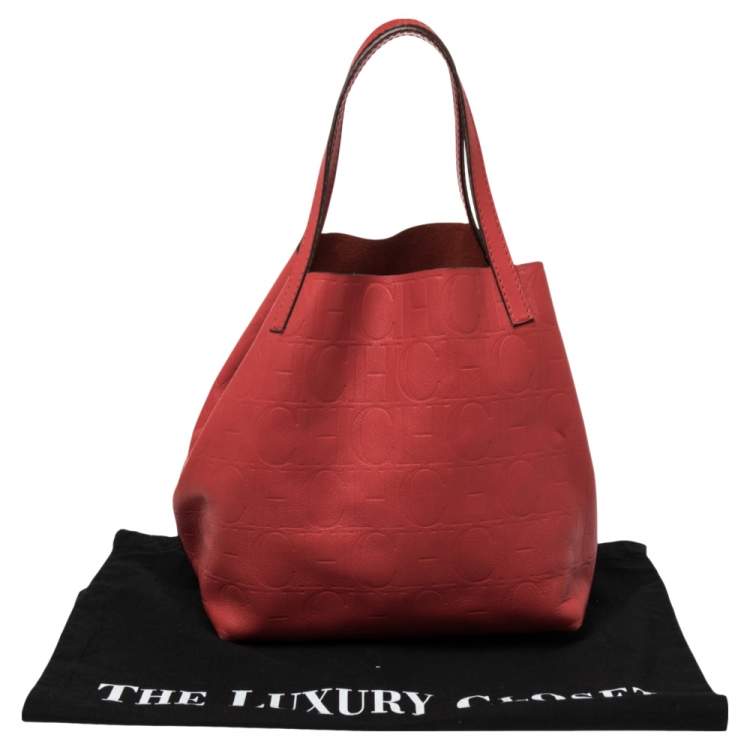 Pre Owned Carolina Herrera Red Monogram Leather Matryoshka Tote