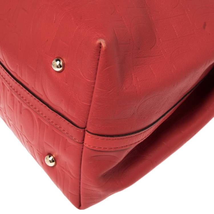 Pre Owned Carolina Herrera Red Monogram Leather Matryoshka Tote