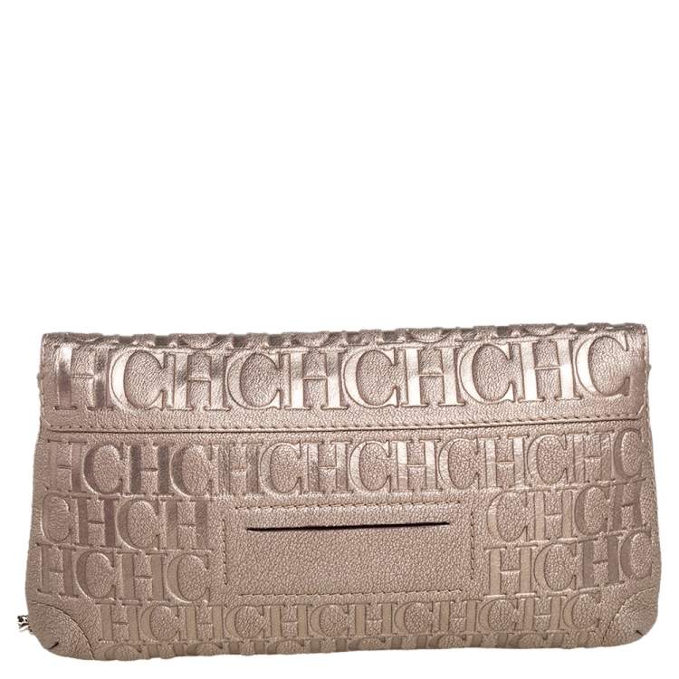 Pre Owned Carolina Herrera Metallic Gold Monogram Embossed Leather Bow Chain Clutch